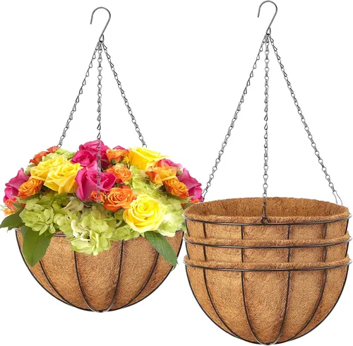 Miniatura 8 de LCHUANG Cestas colgantes para plantas, paquete de 2 cestas de metal de 10 pulgadas con forro de fibra de coco, macetas colgantes para exteriores