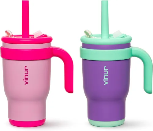Miniatura 18 de VINUR Vaso para niños con asa - 14 oz de acero inoxidable con aislamiento al vacío de doble pared con tapa y pajita, vaso de agua de viaje