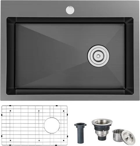 Fregadero de cocina empotrable de 22 x 18 x 9 pulgadas, fregadero de acero inoxidable 304 negro hecho a mano, desagüe descentrado, esquina de radio