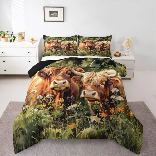 Miniatura 9 de Juego de ropa de cama de vaca de las tierras altas, edredón de ganado de las tierras altas, juego de edredón rosa floral de vaca occidental, juego