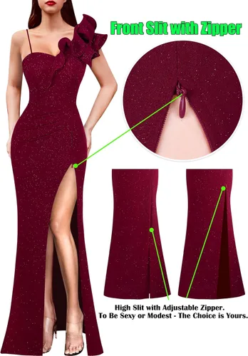 Miniatura 6 de VFSHOW Vestido largo con volantes y tirantes para mujer, fruncido, formal, para graduación, boda, cuello en V, elegante, dividido, cóctel, noche