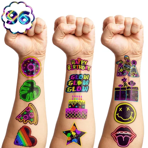Miniatura 9 de 96 tatuajes temporales luminosos de neón que brillan en la oscuridad, 8 hojas de calcomanías lindas para niños, recuerdos de fiesta de cumpleaños