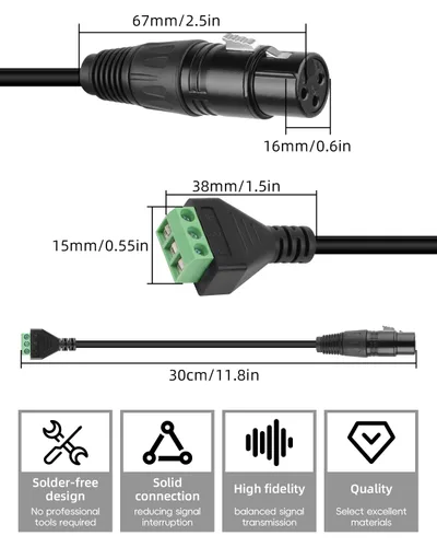 Miniatura 8 de GELRHONR Paquete de 2 cables convertidores XLR hembra a 3 pines sin soldadura de 11.8 in, para micrófono de estudio, altavoces, grabación en vivo