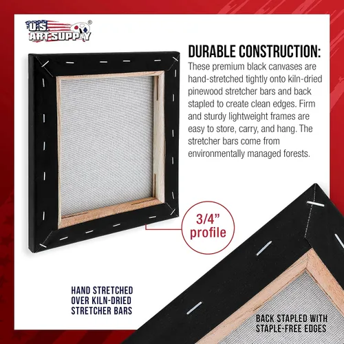 Miniatura 3 de U.S. Art Supply Mini lienzos negros de 12 x 12 pulgadas para pintar, paquete de 4 lienzos pequeños estirados a granel para artista, imprimado