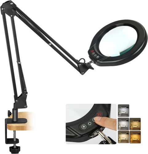 Miniatura 9 de VEEMAGNI Lupa grande de cristal real de 12 x 5 pulgadas con luz y soporte, 5 modos de color regulable, brazo giratorio largo LED abrazadera lámpara