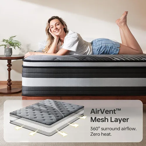 Miniatura 5 de Colchón híbrido King de 12 pulgadas en una caja, parte superior europea de firmeza media, espuma viscoelástica de gel ActiveCool para alivio