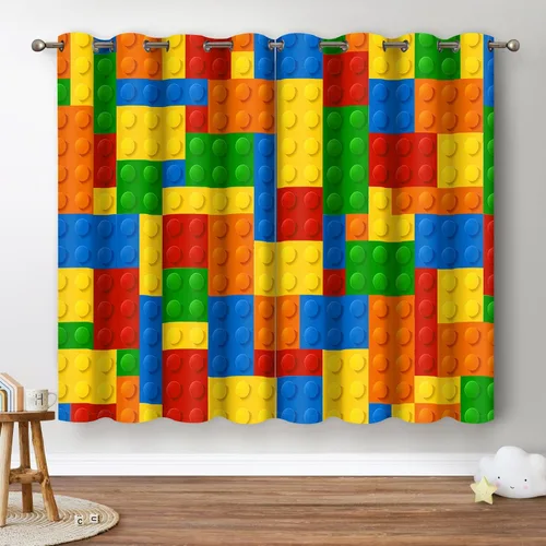 Jekeno Cortinas Opacas Coloridas con Bloques de Construcción - Cortinas de Juguete Geométricas Abstractas para Niños Niñas Adolescentes Dormitorio