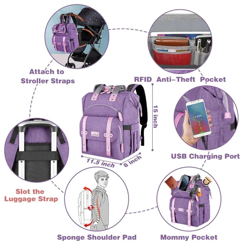 Miniatura 5 de Jiefeike Mochila para pañales, bolsa de bebé morada para mamá, papá, niñas, niños, bolsa de pañales de 15.6 pulgadas con bolsillos aislados, puerto