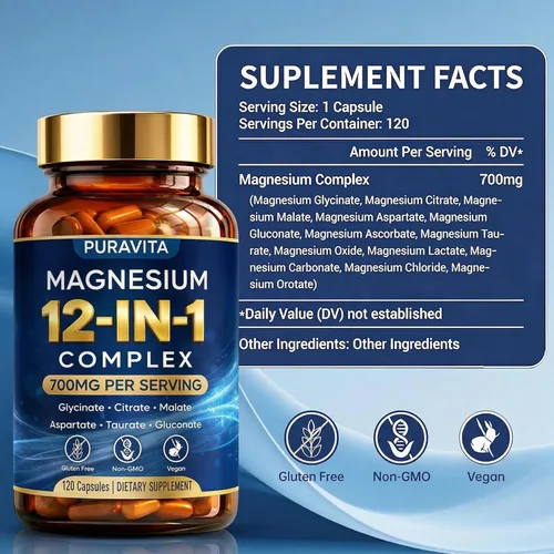Miniatura 3 de Puravita Complejo de Magnesio, Puravita 12 en 1 Suplemento de magnesio 700 mg con glicinato, citrato, malato, óxido, taurato y más, alta absorción