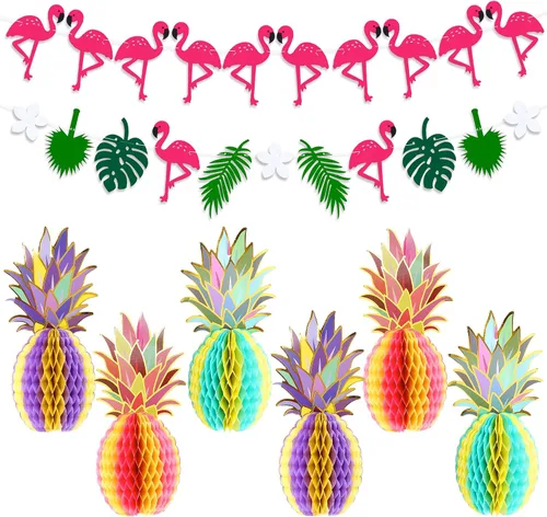 KatchOn, Centros de mesa grandes de piña para mesa, 12 pulgadas, paquete de 6 con guirnalda de flamencos de fieltro grande de 10 pies, 2 cuerdas, no