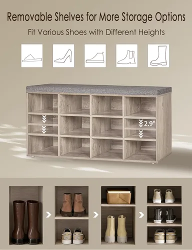 Miniatura 5 de DINZI LVJ Banco de almacenamiento de zapatos con cojín, estante de cubículos con 12 cubículos, estantes ajustables, banco organizador multifuncional