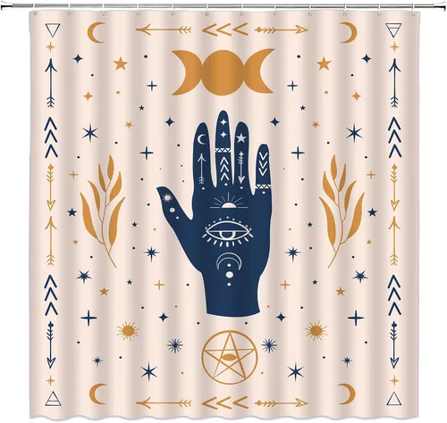 Cortina de ducha de mano de quiromancia bohemia, espeluznante bruja, gótica, abstracta, fase lunar, estrellas, hoja, tablero de ouija, alquimia,