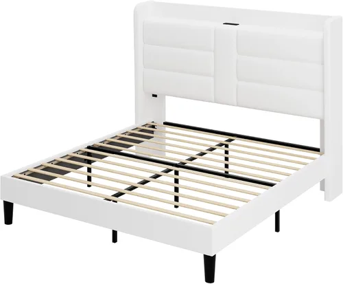 Miniatura 10 de Allewie Base de cama de plataforma tamaño Queen con estación de carga y cabecera de almacenamiento, diseño tapizado de terciopelo con respaldo
