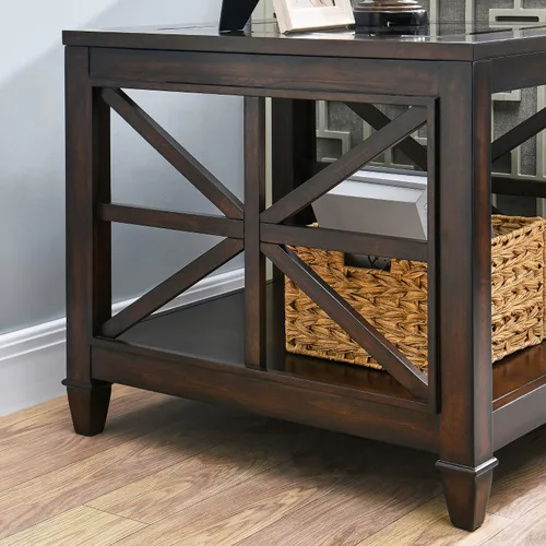 Miniatura 5 de LEEMTORIG Mesa auxiliar de vidrio de madera maciza para sala de estar, moderna mesa auxiliar grande de granja con almacenamiento, mesa auxiliar