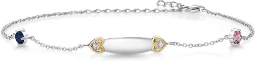 Tobillera de plata 925 y oro amarillo de 10 quilates, personalizada, con zafiro azul, rosa, cultivado en laboratorio, grabado con inicial, nombre de
