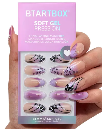 Miniatura 12 de BTArtbox Uñas cortas a presión, color negro, francés, almendra, con pegamento y pestañas adhesivas para mujeres en 16 tamaños, kit de 32 uñas de gel