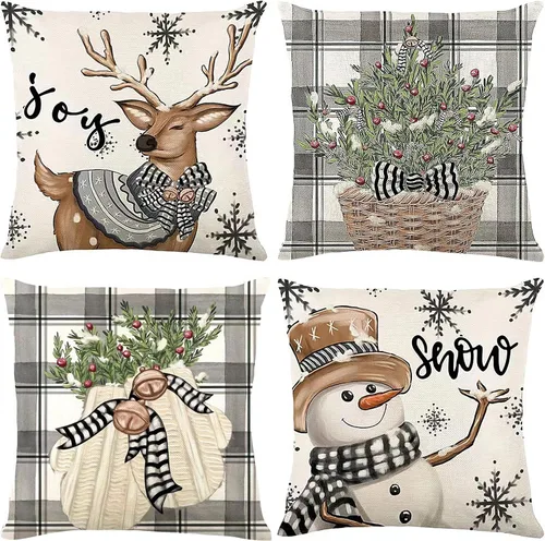 Juego de 4 fundas de almohada de Navidad de 18 x 18 pulgadas, Papá Noel y renos decorativos, fundas de almohada vintage para sofá, decoración de
