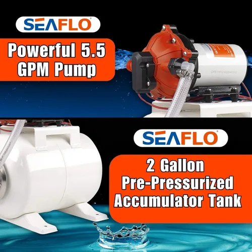 Miniatura 3 de SEAFLO Bomba de agua marina 12 V CC 60 PSI 5,5 GPM Sistema de tanque acumulador de 2 galones Sistema de aumento de presión del acumulador para un