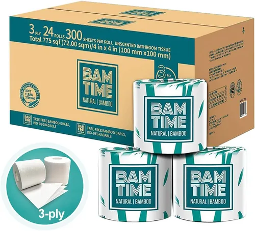 Papel higiénico, 100% papel higiénico de bambú de 3 capas, 24 rollos, 300 hojas, 7200 unidades, paquete de 24, sin plástico, sin árboles,
