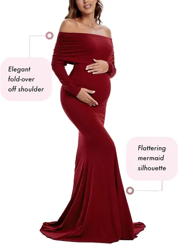 Miniatura 5 de Glampunch Vestido de maternidad con hombros descubiertos, manga larga, fruncido, vestido de maternidad para baby shower, fotografía, vestido