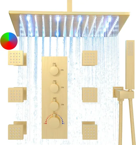 Miniatura 11 de HOMEDEC Sistema de ducha de lluvia LED de 16 pulgadas, válvula desviadora termostática de 3 vías con 6 pulverizadores corporales, todas las Negro