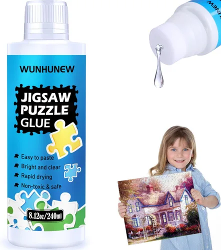 Pegamento transparente para rompecabezas de 8.1 fl oz con aplicador de cabeza de esponja, marco protector de rompecabezas para rompecabezas de