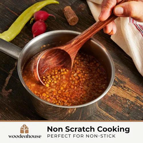 Miniatura 3 de Cucharón de madera para cocinar, cuchara de sopa - Cuchara de madera de teca, mango de 12.4 pulgadas, tamaño mediano de 2 onzas, ecológico, natural