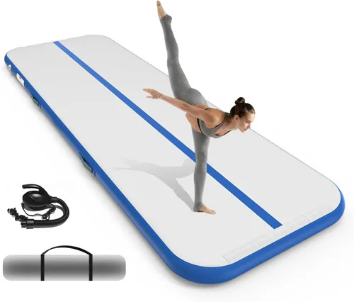 Inflatable Gymnastics Mat 10ft/ 13ft/ 16ft, 4 inches Thickness Gymnastic Mats with Electric Pump and Carry Bag for Kids Home Use Outdoor Training