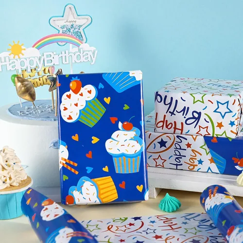 Miniatura 3 de RUSPEPA Rollo de papel de regalo reversible de cumpleaños, mini rollo, diseño de cupcake azul y texto colorido feliz con estrellas, colorido