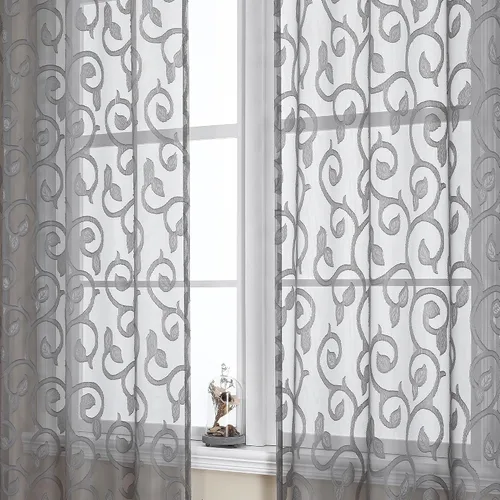Miniatura 58 de OWENIE Furman - Juego de 2 paneles de cortinas traslúcidas negras de 24 pulgadas de largo, cortinas semitransparentes de jacquard ligeras y aireadas