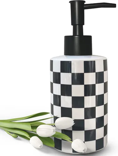 Dispensador de jabón de baño con bomba negra mate, dispensador de jabón de cerámica blanca para cocina, patrón de cuadros, botella de bomba vacía