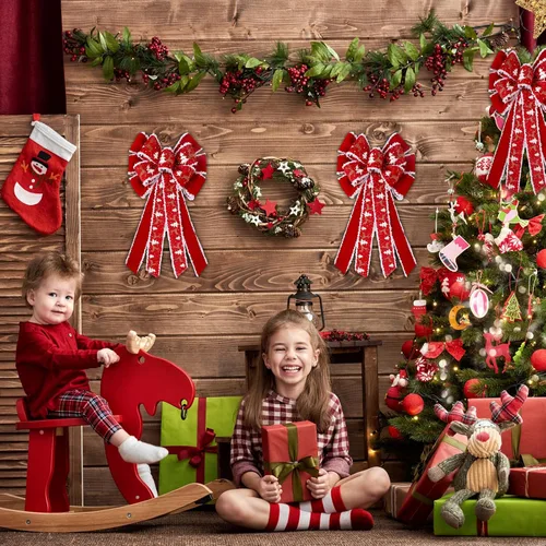 Miniatura 6 de Riceshoot 6 lazos grandes de Navidad para exteriores, 26 x 12 pulgadas, adorno para árbol de Navidad, lazo de terciopelo rojo con purpurina