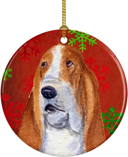 Miniatura 121 de Caroline's Treasures Bulldog English - Copos de nieve rojos y verdes, adorno de cerámica de Navidad, decoración colgante para el hogar, Navidad