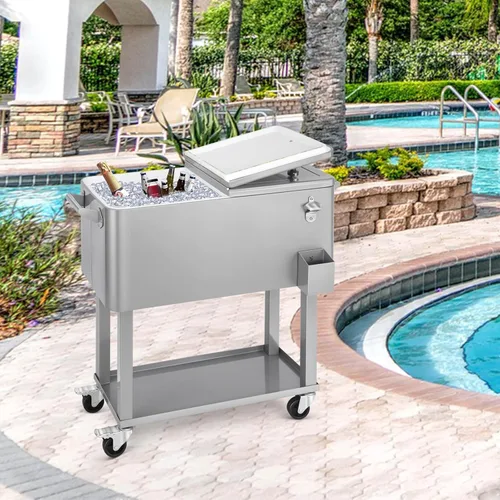 Miniatura 2 de Carrito de hielera rodante de 80 cuartos de galón, carro enfriador para patio, bar de bebidas para fiestas en el patio trasero, con soporte