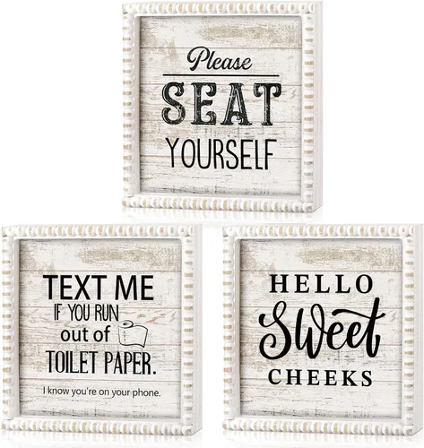 Yousoontic 3 piezas divertidas de decoración de madera para baño, texto "Please Text Me If You Run out of the Toilet Paper Sign Seat Yourself Sign