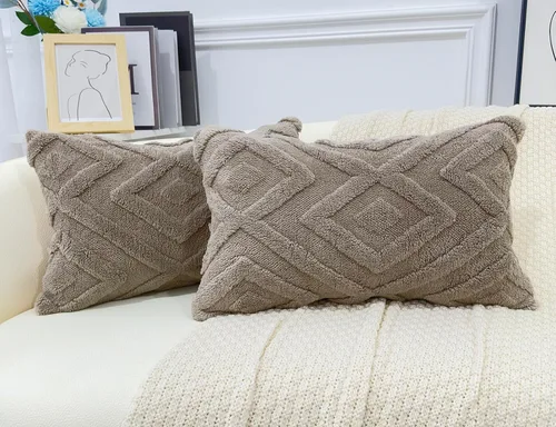Miniatura 14 de Juego de 2 fundas de almohada de piel sintética beige de 16x16, funda de almohada decorativa de cuadros suave estilo boho para sofá, cama, sala