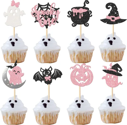 Miniatura 18 de Rsstarxi Paquete de 24 adornos para cupcakes Little Boo con purpurina, bruja, gato, calabaza, castillo, fantasma, magdalenas, alimentos, decoración
