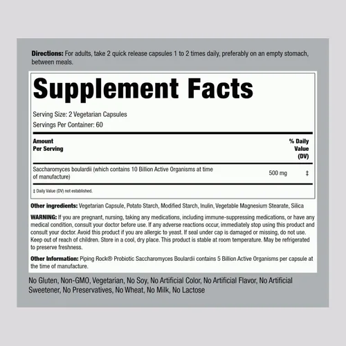 Miniatura 2 de Piping Rock Suplemento probiótico Saccharomyces Boulardii 5 mil millones de UFC 120 cápsulas 250 mg Vegetariano, sin OMG, sin gluten