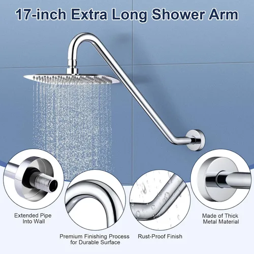 Miniatura 6 de Brazo de extensión de cabezal de ducha con brida, 17 pulgadas, tubo elevador de cabezal de ducha en forma de S de acero inoxidable Uvish de 17 Cromo