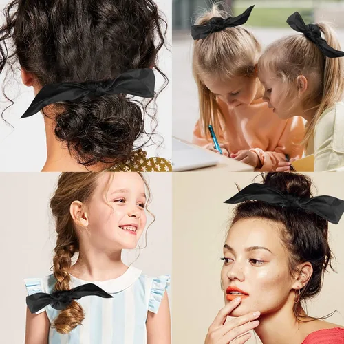 Miniatura 7 de Paquete de 20 coleteros de satén negro para mujer, lazos para el cabello grueso, bonitos coleteros con lazo para niñas, 20 accesorios para el cabello