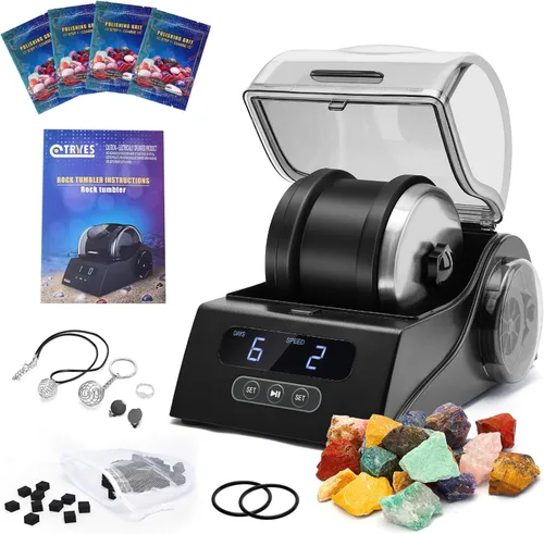 Kit de vaso de roca para adultos, vaso pulidor de rocas con cubierta de reducción de ruido, control de velocidad y temporizador, incluye 4 granos de