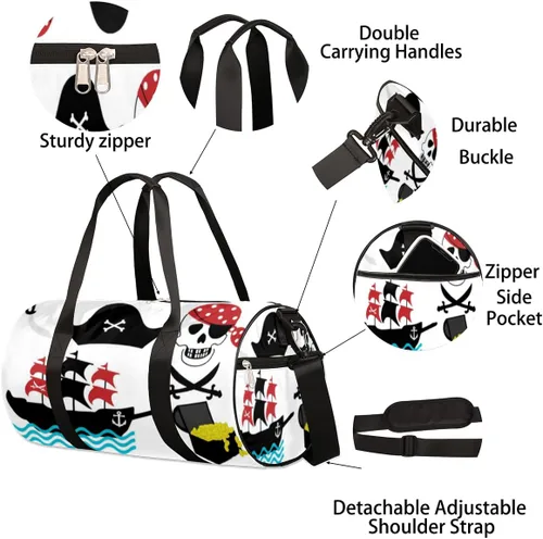 Miniatura 6 de Bolsa de lona pirata de calavera con correa desmontable para el hombro, bolsa deportiva para gimnasio, bolsa deportiva para estudiantes, 17.6 x 9 x