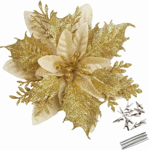 Miniatura 22 de GREENTIME 12 flores de pascua artificiales con purpurina de 5.5 pulgadas, tallos de Navidad, adornos para árbol de Navidad para fiesta de Año Nuevo