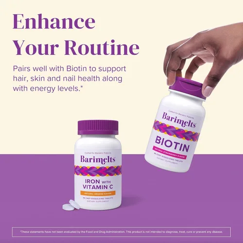 Miniatura 7 de BariMelts Hierro con Vitamina C, 90 Tabletas de Disolución Rápida (Suministro para 1 Mes), Suplemento de Hierro Bariátrico Sin Azúcar para Mujeres