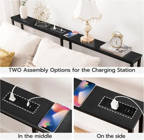 Miniatura 7 de HOOBRO - Mesa de consola estrecha de 63" con estación de carga, mesa de sofá de 5.9" con 2 tomas de corriente y puertos USB, mesas largas de entrada