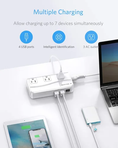 Miniatura 6 de BESTEK Adaptador de viaje universal convertidor de voltaje de 220 V a 110 V con carga USB de 6 A y 4 puertos, y adaptador de enchufe de Reino Blanco