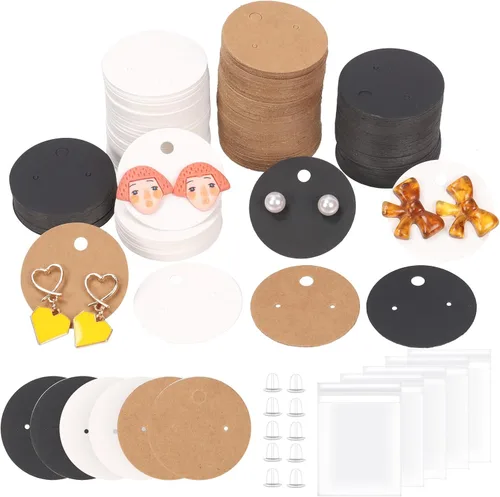 Swpeet Juego de 800 tarjetas de exhibición de aretes de 3 colores, 1.6 in a 1.6 pulgadas, papel kraft redondo blanco y negro, tarjetas con parte Kit