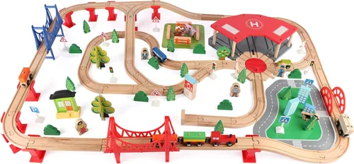 Miniatura 10 de Juego de trenes de madera Qilay para niños pequeños - 39 piezas de vías de tren de madera con grúa, puente y 5 trenes de madera - Juguetes de trenes