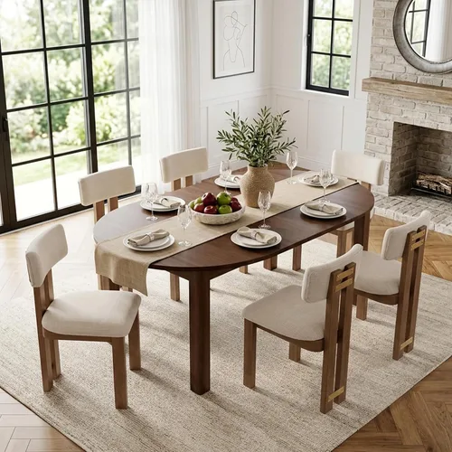 Miniatura 6 de HNY Juego de 4 sillas de comedor modernas de lino, tapizadas de tela beige, con marco de madera natural y respaldo curvado, sillas de madera sin