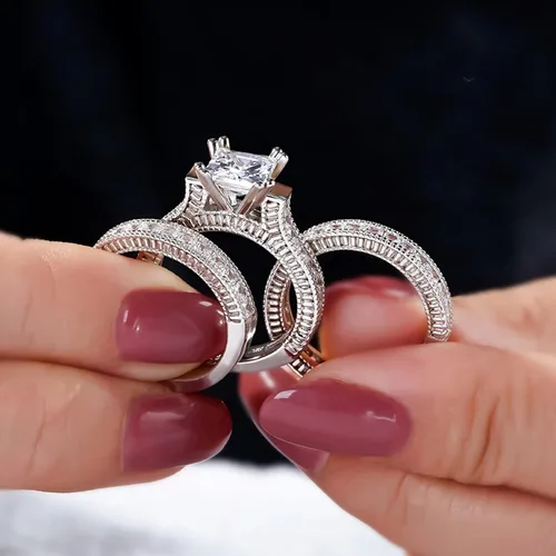 Miniatura 3 de Jeulia - Juego de 3 piezas de anillos de corte princesa juego nupcial de plata de ley con halo de diamantes, anillo de compromiso, anillo de boda